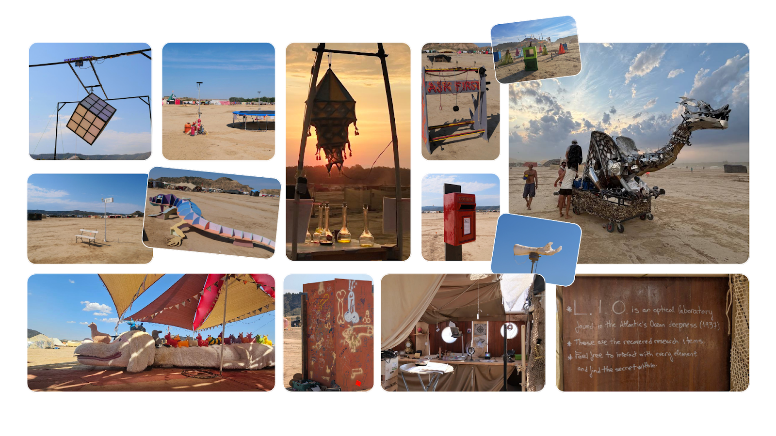 A collage of art installations at previous events — from hanging lanterns and painted buses to a giant metal camel and intimate desert bars