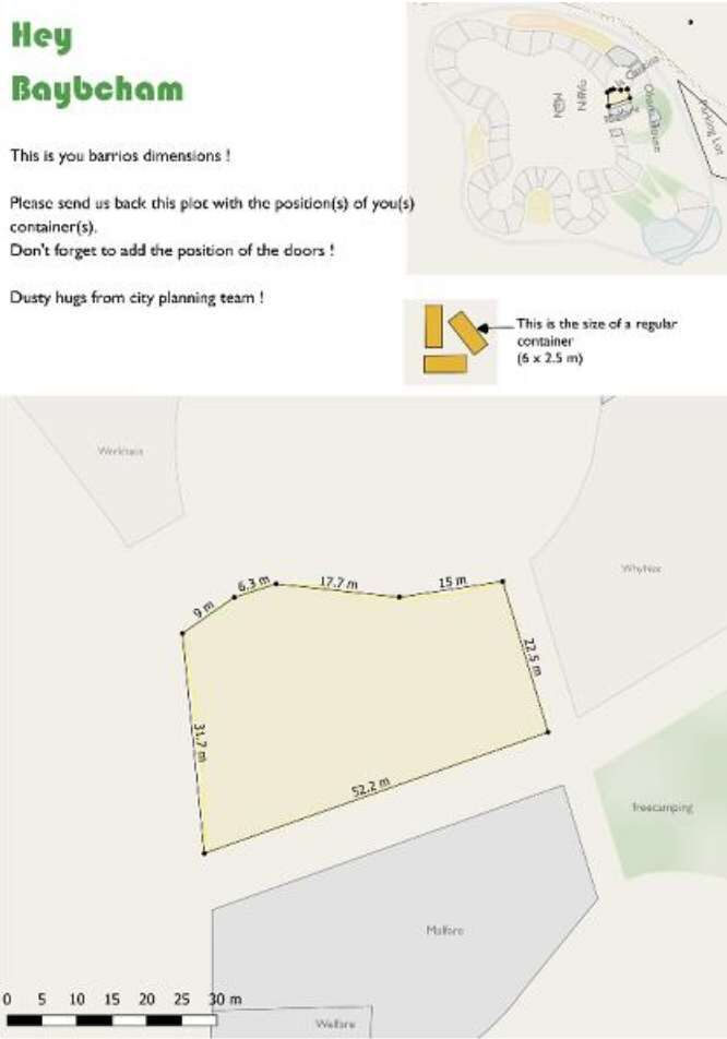 Site map showing containers, water cube and entry point