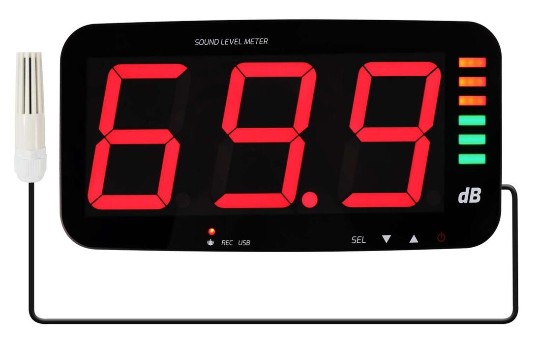Large-display decibel meter mounted above a crowd