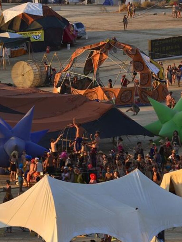 Aerial view of the colourful barrios and crowds of Elsewhere