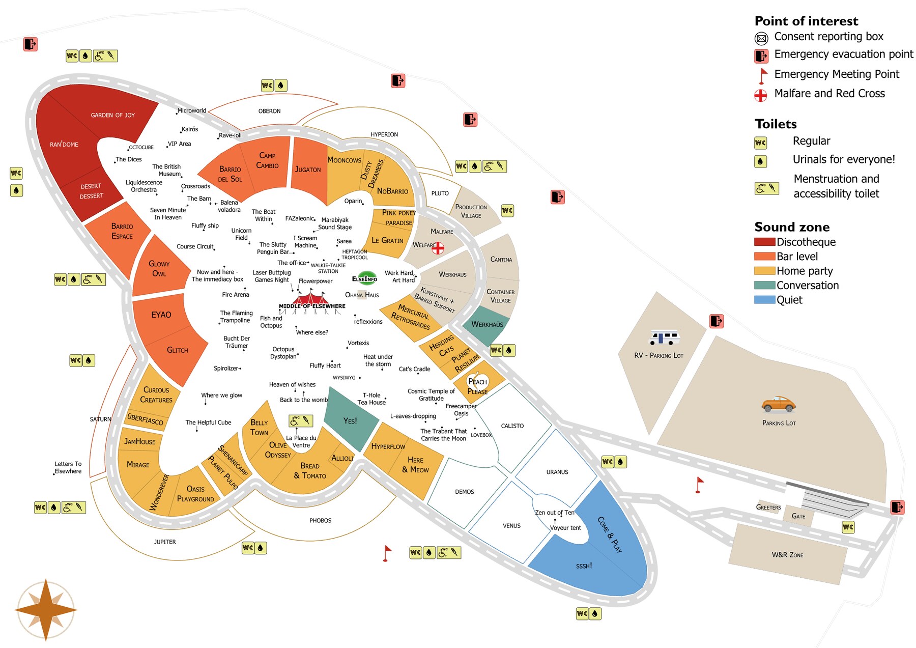 Official Elsewhere 2026 site map showing barrios, colour-coded sound zones, toilets, parking, the W&R Zone and the road to Gate