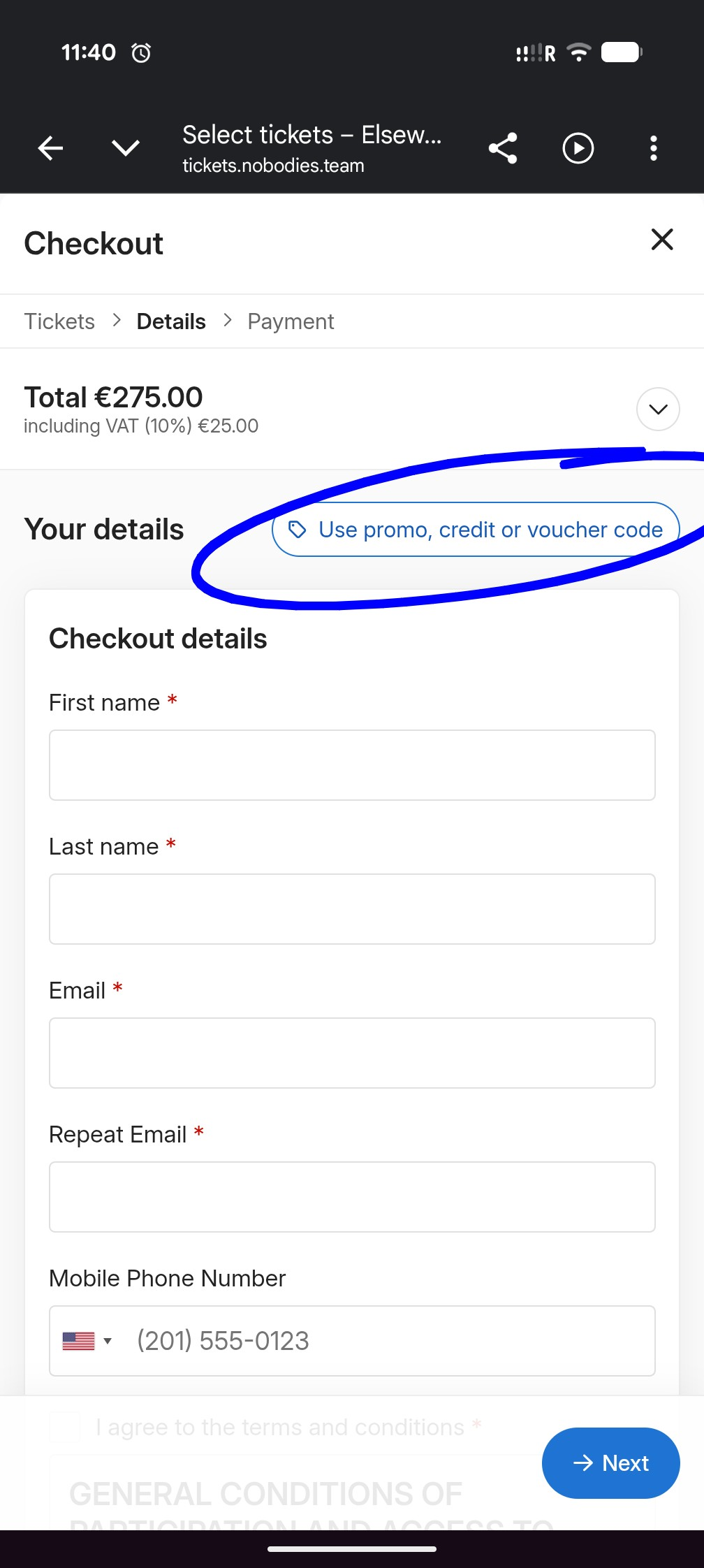 Screenshot showing where to enter the discount code on the checkout page